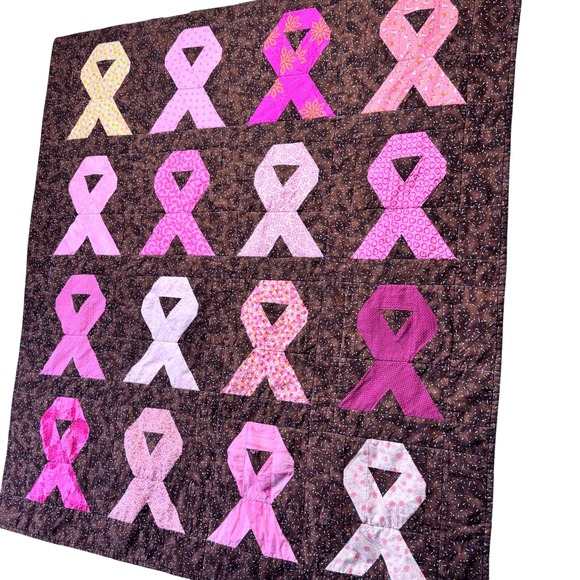 Handmade Breast Cancer Awareness Quilt Ribbons of Hope Signed Brown Pink 60x42 - Picture 2 of 10